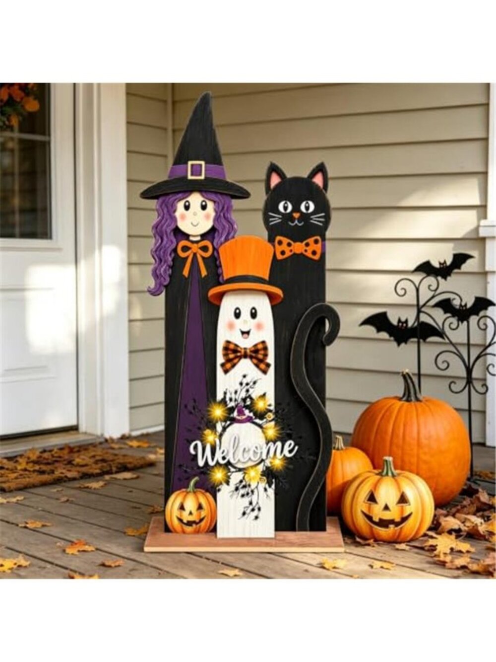 Halloween Welcome Sign with LED Lights, 36" Wooden Standing Sign, Witch Black